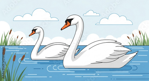 Two graceful swans swim serenely on a tranquil lake, their white feathers contrasting with the blue water and the reeds along the shore in a peaceful scene