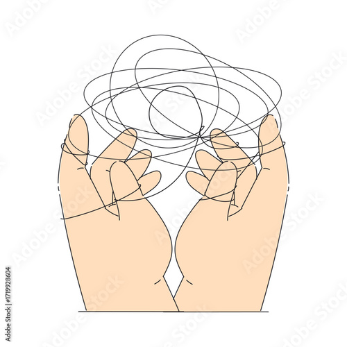 Psychotherapy with Hand Interact with String or Tangled Thread Vector Illustration