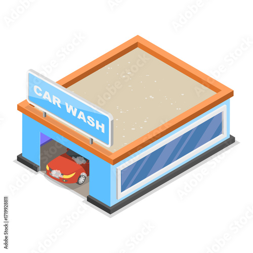3D Isometric Flat Vector Illustration of Self Car Wash, Vehicle Cleaning Service. Item 4