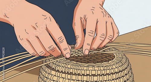 Closeup of hands weaving a basket, showcasing the intricate process of crafting a traditional container with natural materials and skilled handiwork