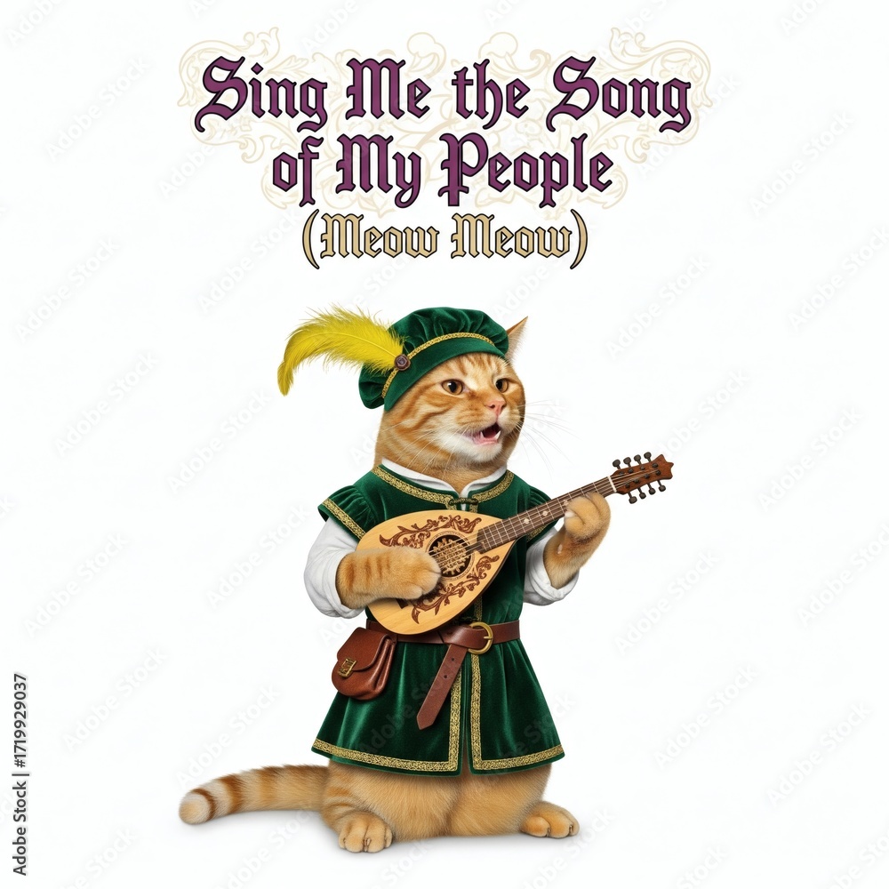 Obraz premium Ginger cat barding and serenading with a lute, wearing a green medieval tunic and feathered hat on a white background