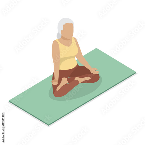3D Isometric Flat Vector Illustration of Elderly Various Exercises, Active Seniors Engaging In Stretching, Cardio, Yoga, Pilates. Item 3