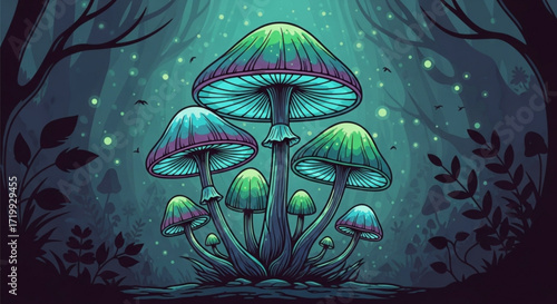 A mesmerizing cluster of glowing mushrooms in a dark forest, creating a magical and enchanting atmosphere, perfect for fantasy and nature themes