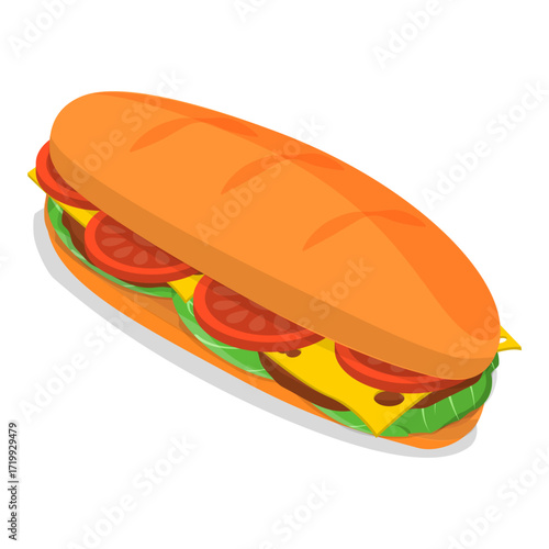 3D Isometric Flat Vector Illustration of baguette Sandwiches, Fast Food, Snacks. Item 3