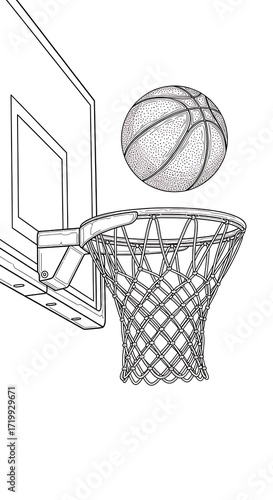 A detailed line drawing of a basketball soaring towards a hoop, showcasing the intricate design of the net and the ball's texture.