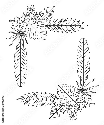 Frame with stylized palm leaves. Decorative image of tropical foliage and plants.
