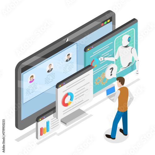 3D Isometric Flat Vector Illustration of AI Security Threats, AI-powered Cybersecurity. Item 3