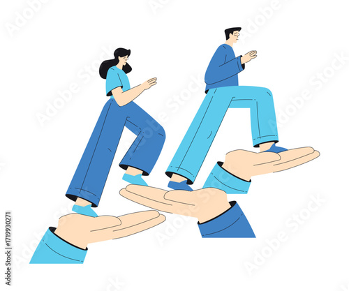 Mental Health with Man and Woman Character with Psychological Disorder Overcome Difficulty Step on Hand Support Vector Illustration