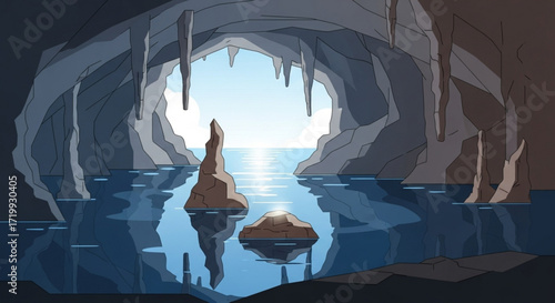 A serene cave with water reflecting the sunlight, featuring stalactites and rock formations, creating a peaceful and natural underground landscape