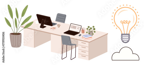 Modern office desks with laptops, chair, coffee cup, books, and plants. Lightbulb and cloud element symbolize creativity, innovation, and organization. Ideal for teamwork productivity remote work