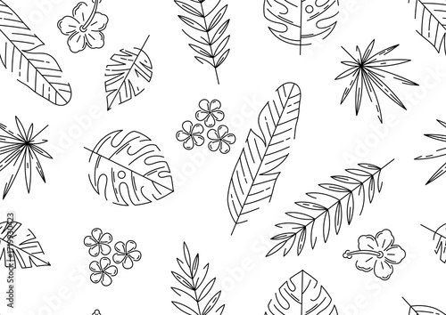 Pattern with stylized palm leaves. Decorative image of tropical foliage and plants.