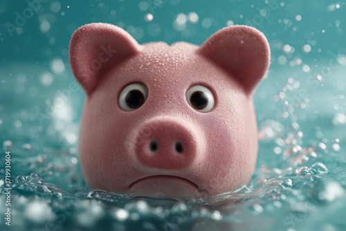 Pink piggy bank sinking underwater, sad facial expression, half submerged in clear blue water with bubbles, concept of financial crisis, debt and financial problems.