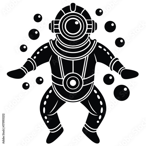 Retro scuba diver art with bubbles underwater exploration theme silhouette