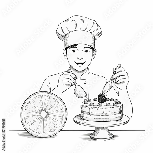Young chef preparing cake with fruits on a countertop in kitchen  