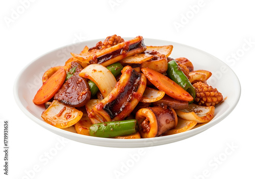 A delicious plate of stir-fried squid with vegetables, showcasing a vibrant medley of colors and textures.