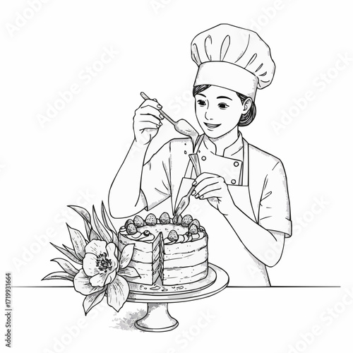 Young female chef decorating cake with piping bag and flowers  