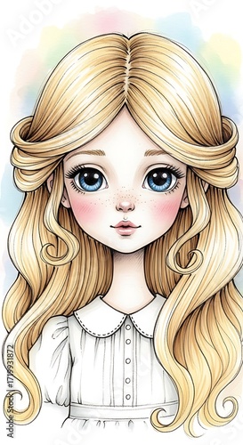 A detailed illustration of a young girl with striking blue eyes and flowing blonde hair, wearing a delicate white dress.