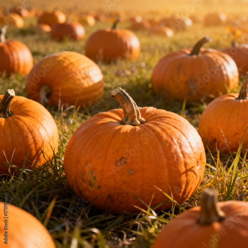 orange pumpkins lie on the field