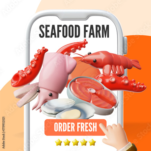 Seafood farm shop 3D vector design, online order fresh food delivery service on smartphone screen, marine products