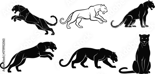 Stylized panther illustrations — six artistic poses including leaping, running, crouching, sitting, sketch, and sleek black silhouette styles