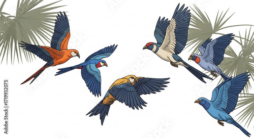 A vibrant flock of parrots in midflight, showcasing a variety of species with colorful plumage against a backdrop of tropical palm leaves