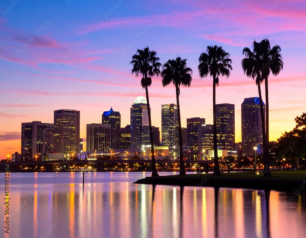 Obraz premium City skyline at sunset reflecting on water