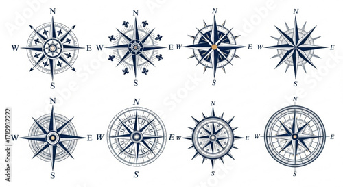 A collection of vintage compass rose designs, featuring intricate details and classic nautical elements for navigation and exploration