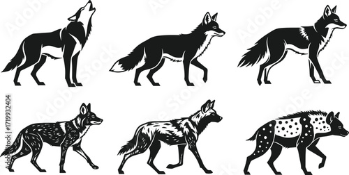 Stylized wild canines — six black-and-white illustrations featuring wolf, fox, jackal, African wild dog, and spotted hyena in varied poses