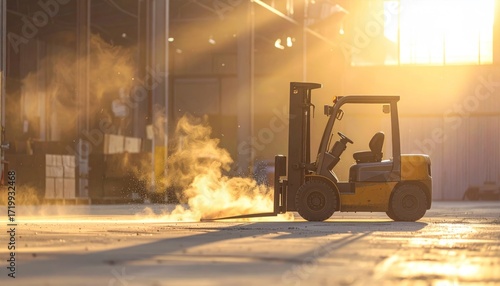 Forklift in warehouse at sunrise