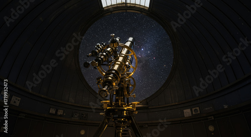 Golden mechanical robot standing tall against a dark background with a starry oval projection behind it