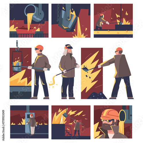 Metallurgy with Man Character Work in Steel Production Plant Vector Set