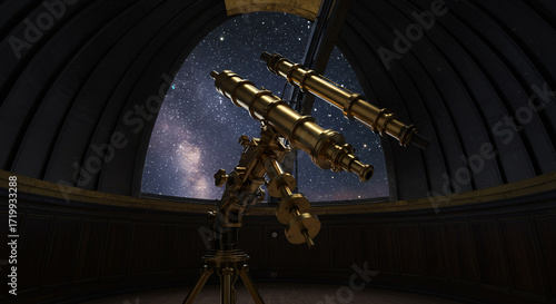 Antique brass telescope on a tripod stand pointed towards a starry night sky through an observatory dome opening