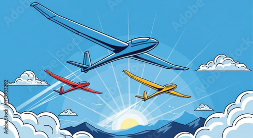 Illustration of gliders soaring through a vibrant blue sky with clouds and mountains, capturing the freedom and adventure of aviation in a scenic landscape