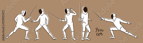 Fencer with rapier set. Characters in various fight positions. Fencing duel, sword fighting competition concept. Athletes in white protective equipment in motion. Hand drawn Vector illustration