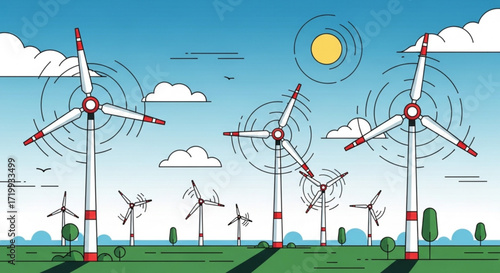 Illustration of wind turbines generating clean energy in a green field under a blue sky, promoting sustainability and renewable resources for a better future