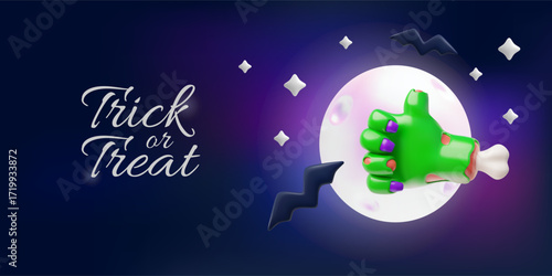 Trick or treat 3D cartoon vector banner, creepy zombie green hand thumbs up gesture, Halloween party, full moon and bats