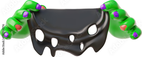 Creepy zombie green hands show black rag with holes, vector 3D cartoon dead human body limbs hold an old piece of cloth