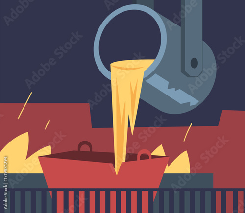 Metallurgy and Industrial Steel Production and Metalworking Equipment with Bucket Pour Hot Liquid Metal Vector Illustration