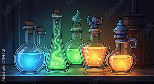 A collection of magical potion bottles filled with glowing liquids of various colors, arranged on a shelf in a dimly lit room, creating a mystical atmosphere