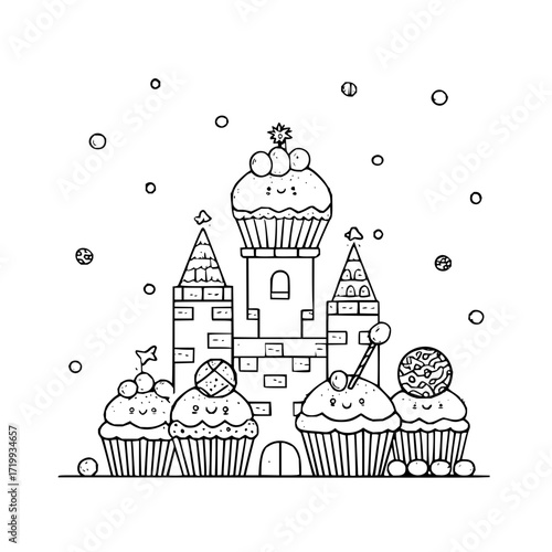 Cupcake castle sweet dessert drawing coloring page fantasy food design illustration confectionery bakery treat art