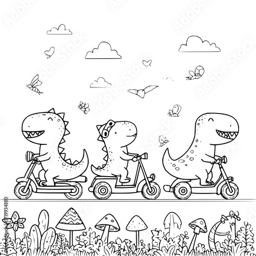 Dinosaur scooter ride coloring page cute dino illustration outline drawing animal cartoon fun activity book design art