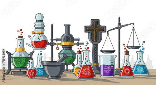 A whimsical collection of alchemist equipment, featuring beakers, flasks, scales, and a mortar, all arranged in a colorful and intriguing composition