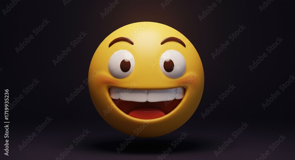 Fototapeta premium Expressive 3D Emoji with a Goofy Grin and Wide Eyes, Perfect for Social Media Marketing and Digital Communication Campaigns Showing Playfulness and Humor