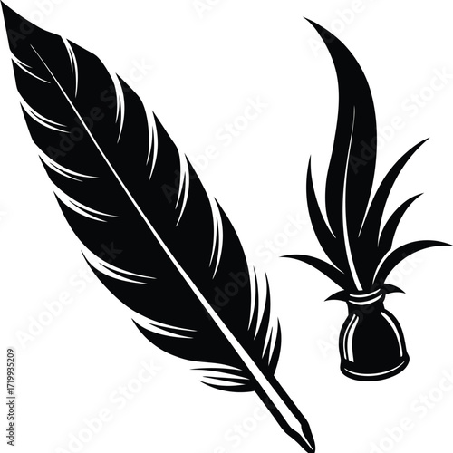 Two stylized black feathers and an inkwell for a classic writing symbolism silhouette