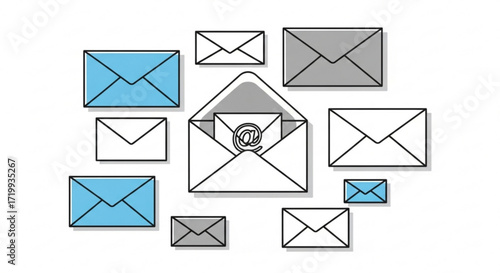 A clean and modern illustration of various email envelopes, conveying communication, messaging, and digital correspondence
