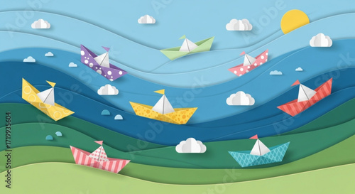 Paper boat floating on water illustration a whimsical scene of colorful origami boats sailing on a serene sea, evoking a sense of childhood wonder and adventure