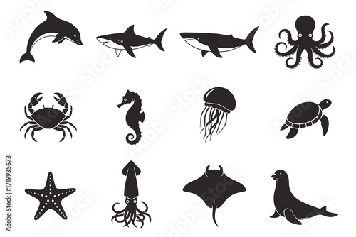 seamless pattern, sea creatures, underwater animals, silhouette, black and white, minimalist design, vector illustration, simple shapes, graphic design, monochrome