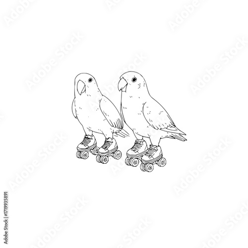 Illustration of roller skating birds parrots lovebirds in black and white line art drawing sketch design