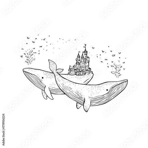 Whale castle floating drawing ocean sea sketch fantasy art illustration marine life aquatic mammal design concept