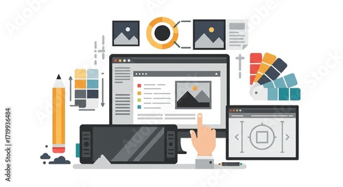 Modern design concept showing creative process with graphics tablet, swatches, and computer screen for professional branding and visual content creation